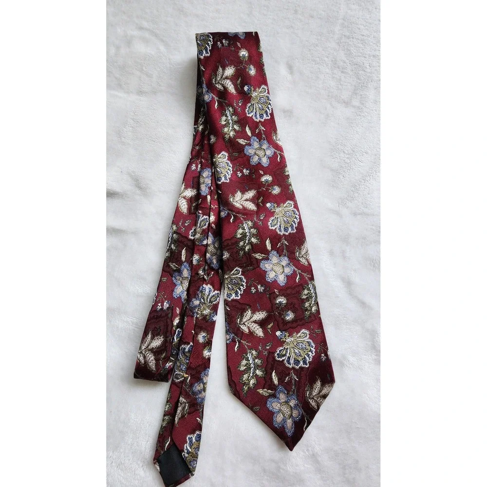 Lord Ascot Mens Silk Necktie Burgundy Red Floral Tapestry Pattern Wide Blade Tie